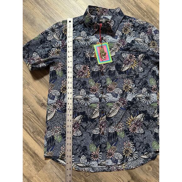 Houston White Adult Short Sleeve Journey Button-Down Shirt Navy Floral Tropical - Picture 2 of 6